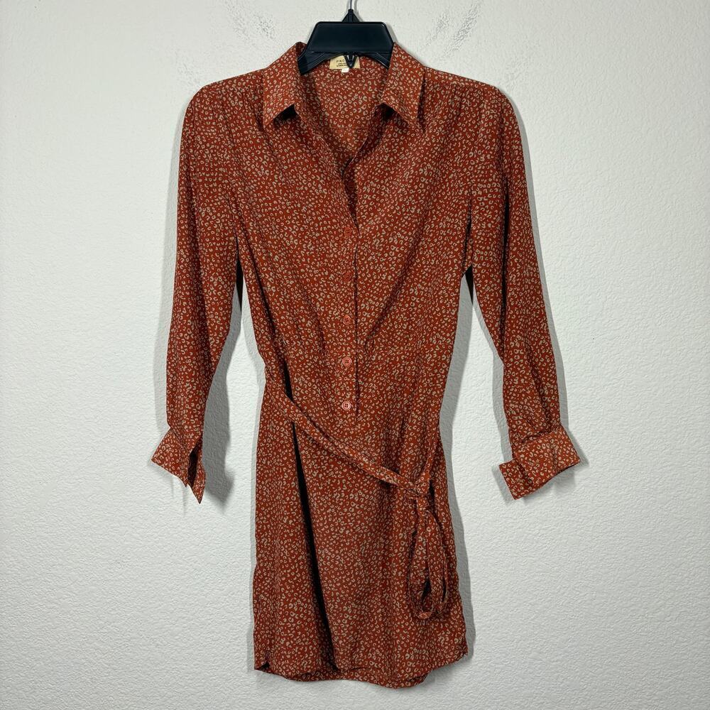 Piko 1988 Small Popover Shirt Dress Rust Tan Abstract Print Belted Long Sleeves